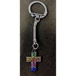 Handcrafted Multicolor Rhinestone Cross Chrome Steel Key Chain Charm Accessory